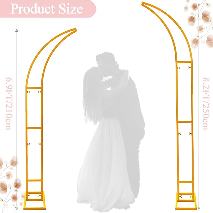 SATBIR 2pcs Large Wedding Arch with Base Flower Stand Arch Bracket Stand Backdrop Stand For Wedding Party Elegant Decorations & Garden Climbing Plants Vines,8.2&6.9 FT-Gold