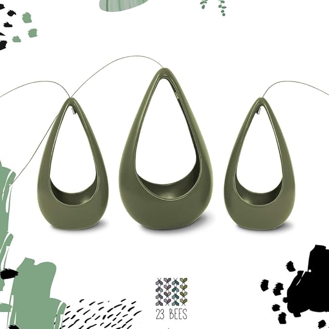 23 Bees, Hanging Air Plant Holder, Green Hanger Ceramic Planter, Small Floating Succulent Pots Container, Cactus Holders with Metal Wire, 3 Pack (3 Pack x Green)