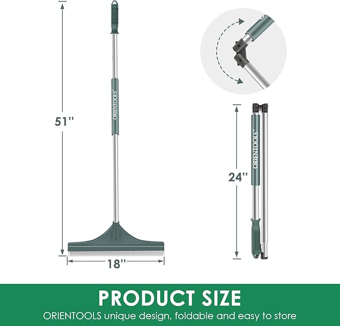 ORIENTOOLS Artificial Turf Rake, 51" Foldable Artificial Grass Rake with Adjustable Steel Handle, Lawn Broom Brush for Astroturf, Carpet Pet Hair, Grass Leaves and Debris