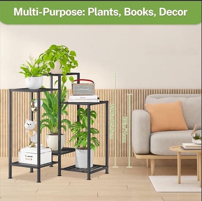 iDavosic.ly Indoor Plant Stand with Grow Light, Metal 6 Tier Corner Flower Holder Shelf Outdoor for Large Pots, Tall Rack for Patio Porch Balcony Living Room, Black