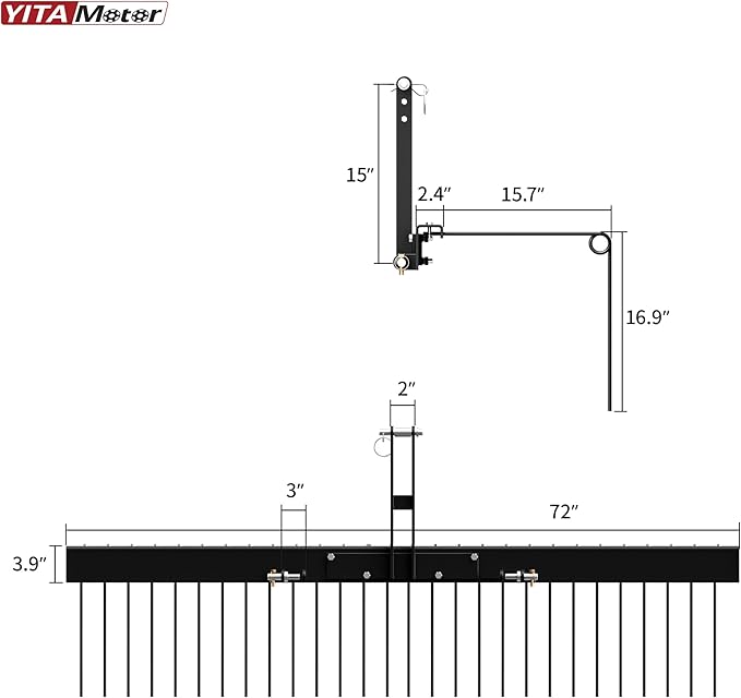 YITAMOTOR 72" Tow Behind Landscape Rake, 3 Point Quick Hitch Lawn Dethatcher Rakes with 32 Steel Tines for Category 1 Tractors, Heavy Duty Powder Coated Finish Tools for Leaves, Pine Needles, Straw