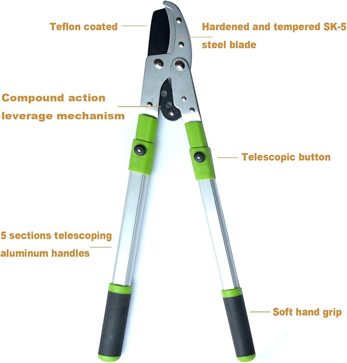 Bypass Lopper with Extendable, Anvil Lopper Heavy Duty, Tree Trimmer Telescopic 26-41 Inch, Garden Pruner 5 Sections Handle Adjustment, Branch Cutter with 2 Inch Cut Capacity