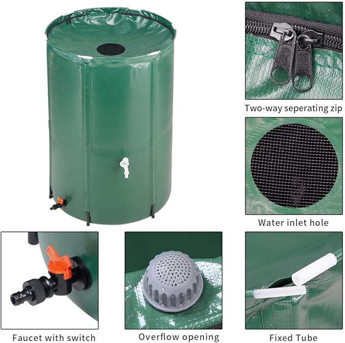 100 Gallon Collapsible Rain Barrel, Portable Rainwater Collection System, Rain Catcher Barrel, Water Storage Tank with Two Spigots and Overflow Kit, Rain Water Barrel Collector for Garden, olive green