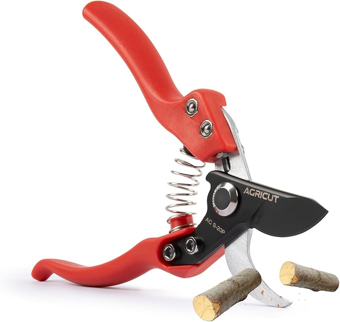 AGRICUT Pruning Shears Bypass Pruners - 4/5 Inch Cut Capacity Hand Clippers Gardening Scissors with High Carbon Steel Blade Teflon Coated Nylon Handle Red