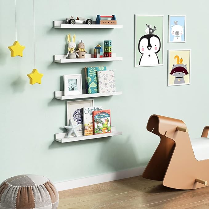Forbena 24 Inch Floating Nursery Book Shelves for Wall, White Kids Wall Bookshelf for Bedroom, Picture Ledge Shelf with Lip for Baby Bathroom, Living Room Office Art Books (Solid Wood, Set of 4)
