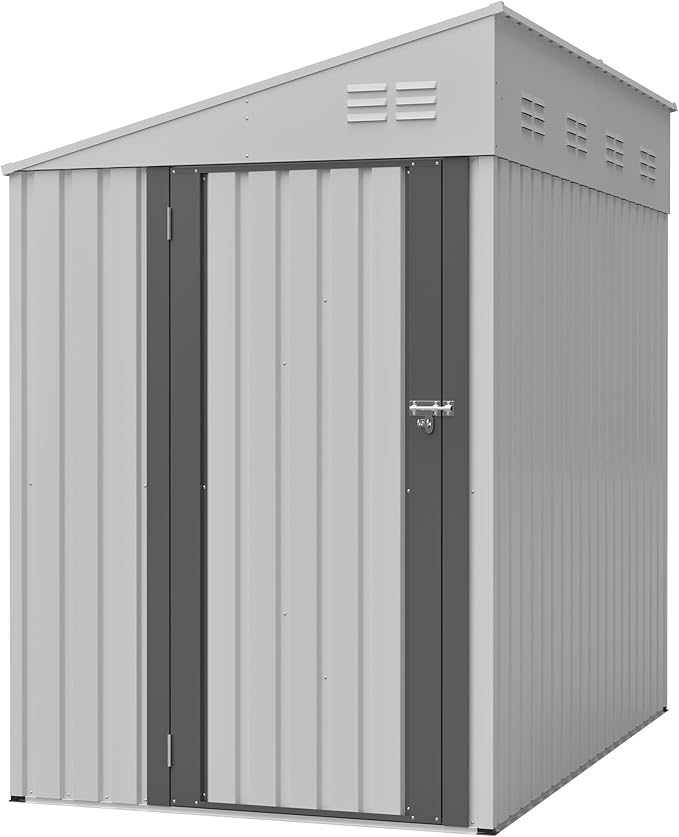 4x7 FT Outdoor Storage Shed,Lean to Lockable Metal Garden Shed Steel with Reinforced Beams,All Weather Waterproof Storage House W/Lockable Door&2 Air Vents,for Backyard,Patio,Lawn,Garden,White
