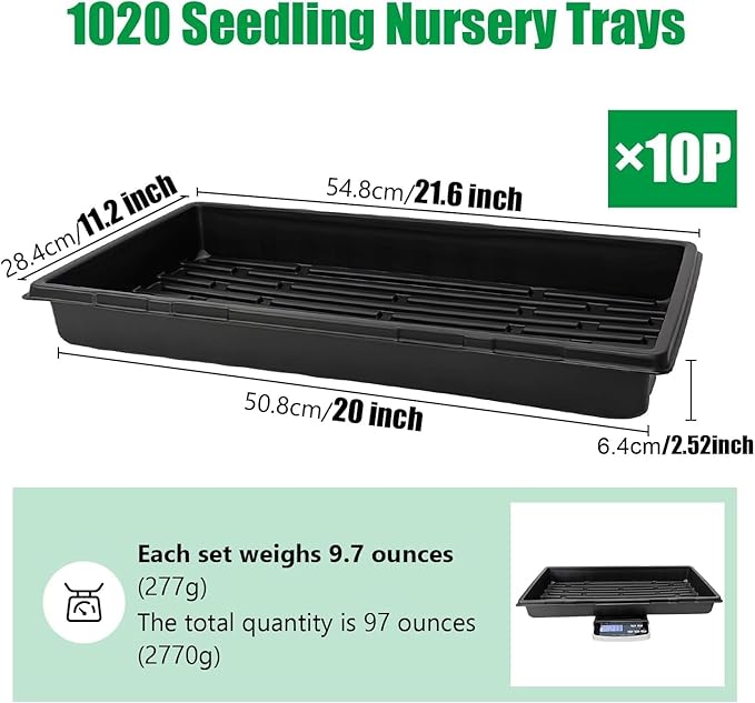 10 Pack 1020 Trays and 10 Pack 1020 Mesh Bootom Trays, 20'' x 10'', Heavy Duty Propagation Flats for Microgreens, Seed Starting, Soil Blocks, Hydroponics & Wheatgrass (10 Sets)
