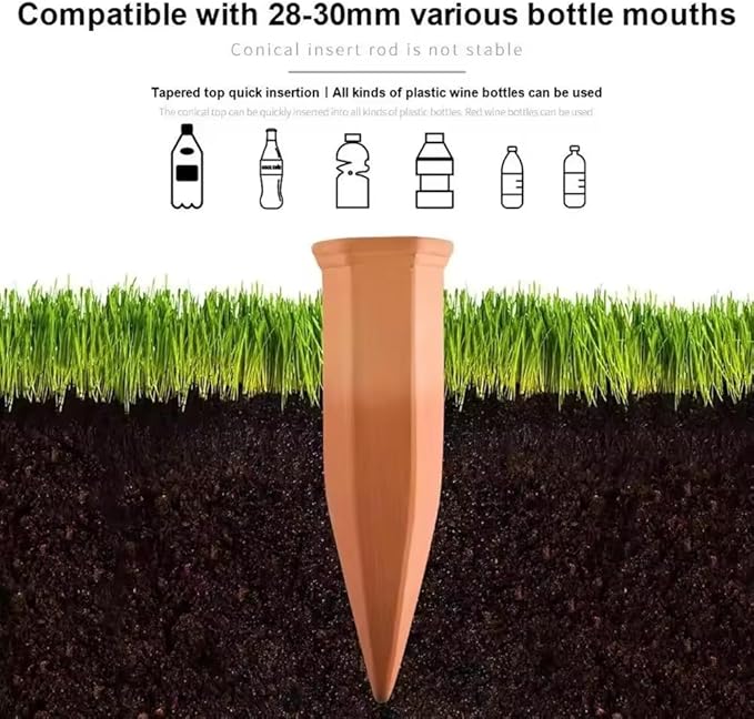Self Watering Planter Insert 4 Pack Terracotta Vacation, 18oz Threaded shaped Watering Spikes Self Watering Devices for Indoor Outdoor Plants Easy To Refill & Maintain with 3 Pcs Mini Garden Tools Set