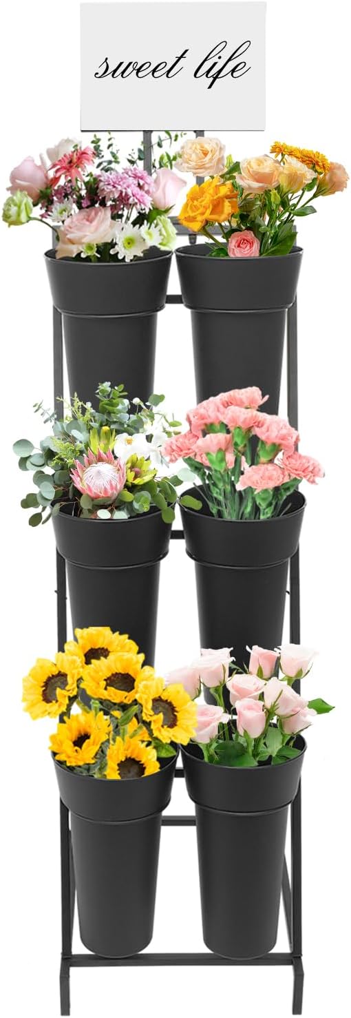 3 Tier 6 Black Bucket Flower Display Stand, Iron Decorative Flower Display Stand Indoor Outdoor Flower Cart Ladder Shelf Metal Moving Bouquet Shelf with Wheels for Garden Courtyard Florist