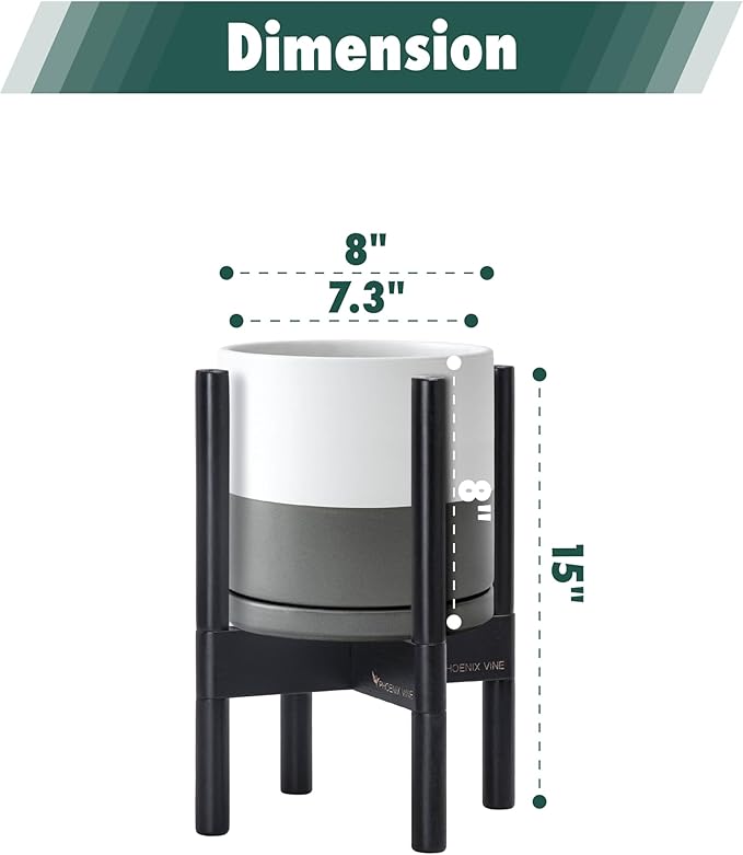 D'vine Dev Ceramic Planter with Ebony Stand - 8 Inch Modern Round Flower Pot with Wood Planter Holder, White/Grey, 55-B-M-6