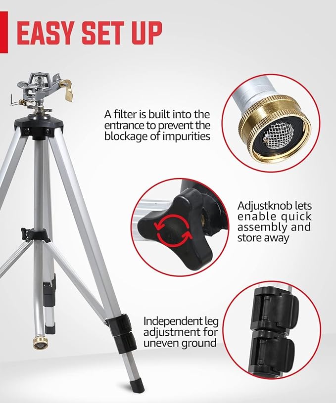YAMATIC Impact Sprinkler on Adjustable Tripod Base, 360 Degree Large Area, Heavy Duty Adjustable Pulsator Sprinkler for Lawn, Yard and Grass Irrigation, Spray up to 20-90ft(Zinc Head)