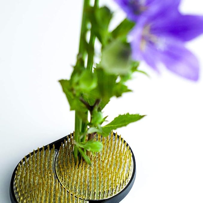 Wazakura Sun and Moon Ikebana Kenzan, Made in Japan, Pin Frog Japanese Flower Holder for Floral Arrangement - 3-3/4"x2-1/4 Brass