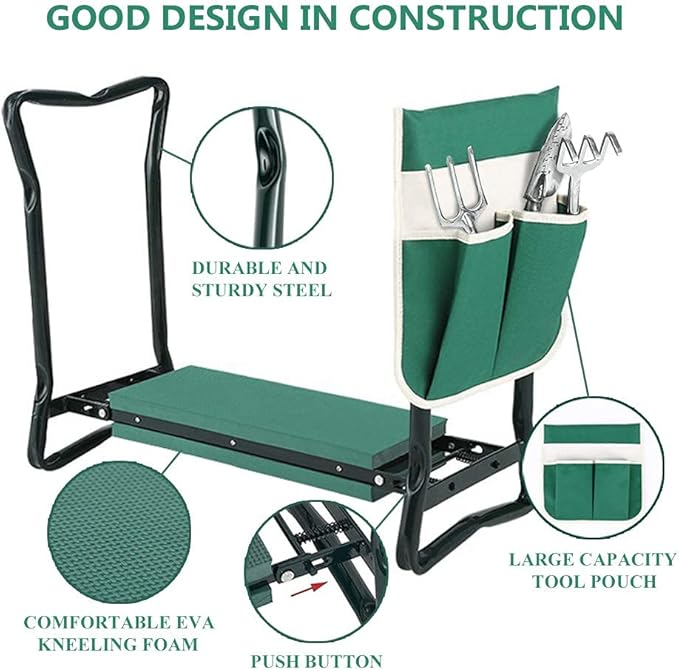 PLKO Garden Kneeler and Seat Stool Heavy Duty Garden Folding Bench with Large Tool Pocket and Soft EVA Kneeling Pad for Gardening Lovers