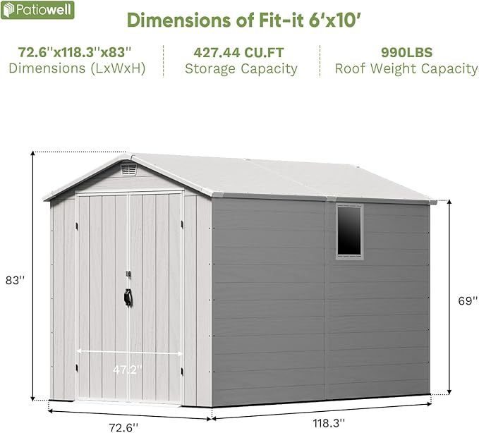 Patiowell 6x10FT Outdoor Storage Shed with Floor, Plastic Resin Garden Shed with Lockable Door, Windows, Weather-Resistant for Lawn Mower, Tool & Backyard Storage (Light Grey)