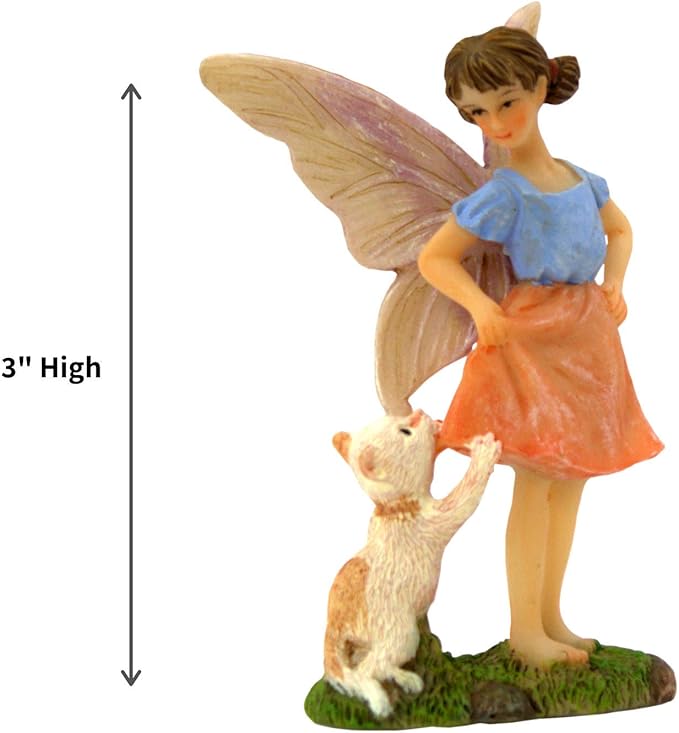 PRETMANNS Fairy Garden Fairies – Cute Accessories for Indoor Outdoor Miniature Garden - Figurine Ava with Cat - Hand-Painted Resin Piece