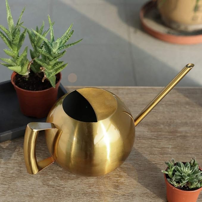 Watering Can, Stainless Steel Watering Can Sprinkle Pot Long Mouth Garden Flowers Plants Watering Pot for Indoor and Outdoor Flower Pot Gardening, 1000ml(Gold)