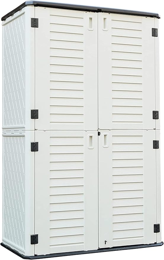 Kinying Outdoor Storage Cabinet, Vertical Storage Shed Perfect to Store Patio Furniture, Garden Tools Accessories,Bike,Beach Chairs and Lawn Mower, 4x2.5 Feet off-white-02B