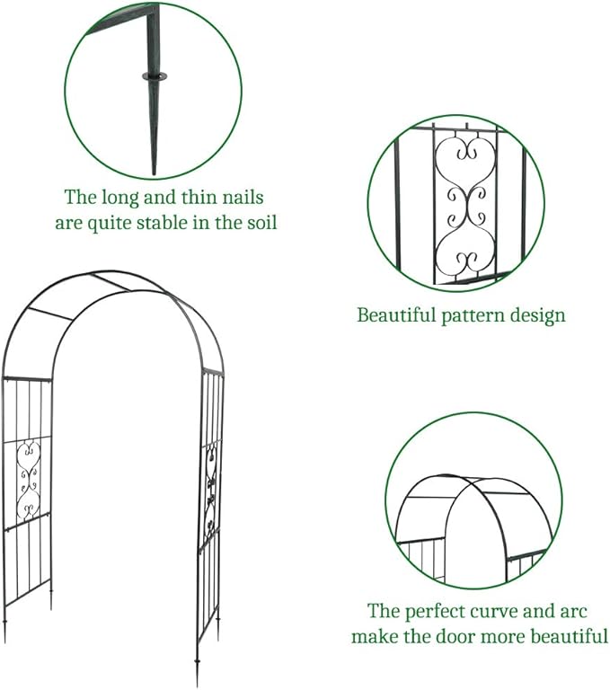 Garden Arbor, 7.3FT Metal Arbor Trellis for Climbing Plants Outdoor, Dark Green Garden Archway for Lawn, Patio and Backyard, Wedding Arches for Ceremony