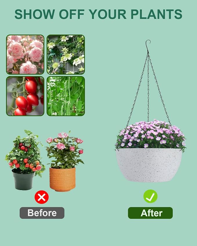 vensovo 12 Inch Large Hanging Planters for Outdoor Plants - 2 Pcs Plastic Hang Planter Flower Pot Baskets with Drainage Holes and Chain, Plant Pots for Home Garden Decor, White with Dot