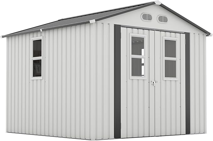 8x8 SF Outdoor Storage Shed,Metal Shed with Lockable Doors & 4 Daylight Windows,Garden Tool Shed w/Air Vents & Sloped Roof, Ideal for Backyard,Patio,Lawn,White