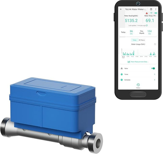 NSF Certified YoLink FlowSmart All-in-One Smart Water Meter & Auto Shutoff for 3/4" Pipes, LoRa Long-Range, Real-Time Leak Detection, 10-Year Battery, 80+ Device Ecosystem, Hub Required