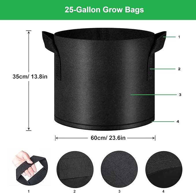 25-Gallon Grow Bags, (10 Pack) Thickened Aeration Fabric Growing Pots Planters with Handles for Planting Vegetables Plants, Black