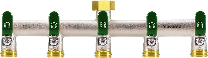 5 Way Garden Hose Splitter, Heavy Duty Brass Nickel Plated Rust Resistant Faucet Manifold, 3/4" Frost Resistant Outdoor Hose Adapter Connector，Hose Spigot Adapter with 5 large Green handles