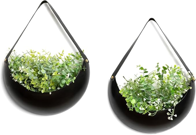 Set of 2 Black Metal Wall Planters - 12" Crescent Hanging Pots with Faux Leather Straps - Indoor Outdoor Decor for Succulents & Air Plants - Unique Plant Gift and Modern Minimalist Home Decor