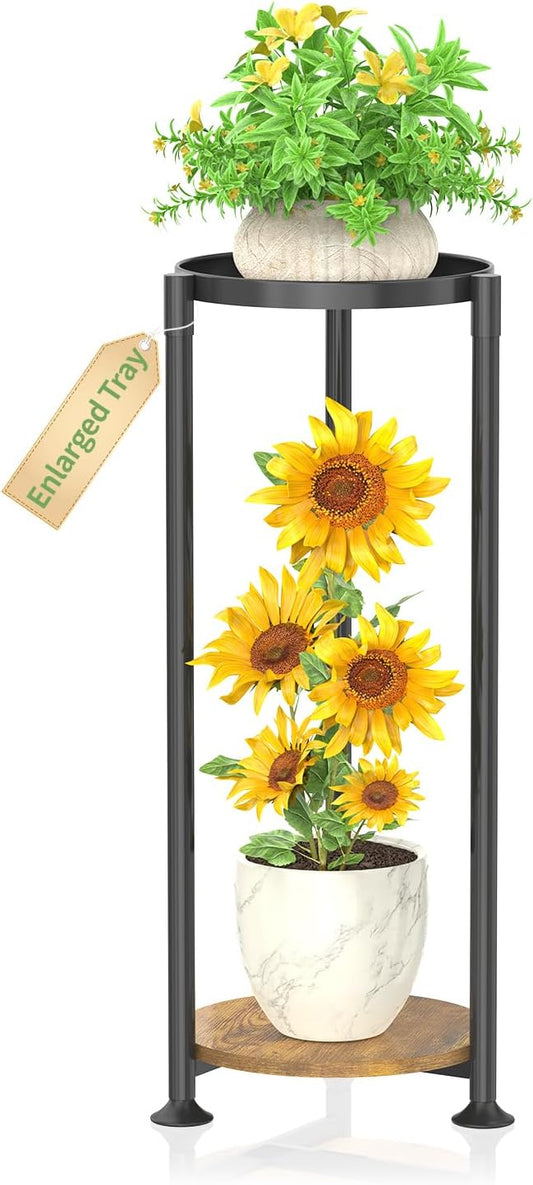 KMOTASUO 2 Tier Black Plant Stand Indoor for Large Tall Heavy Duty Planter, Multiple Sturdy Metal Flower Corner Rack for Narrow House Floor, Iron Vertical Level Round Orchi Holder Organizer, Modern