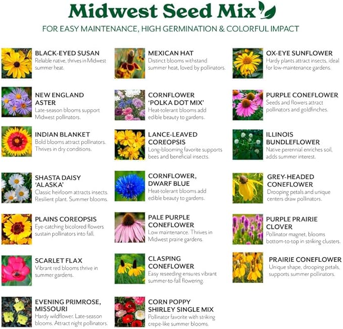 Grow Your Own Vibrant Annual and Perennial Wildflower Garden Seeds Mixture, Varieties for Pollinators and Spring Gardens - Midwest Regional Mix, 5 lbs