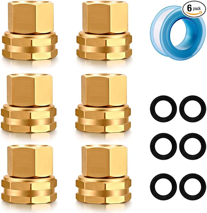 3/4" GHT Female to 1/2" NPT Female Brass Adapter - Quick-Rotating Garden Hose Connector (6 Pack)