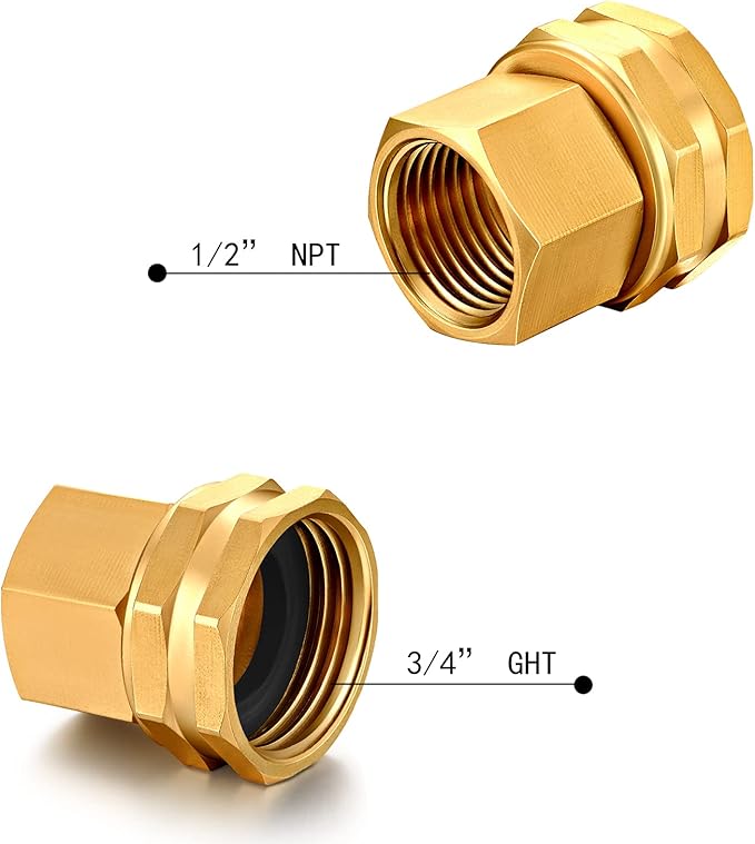 Garden Hose 1/2NPT Female to 3/4GHT Female Adapter, Brass Water Pipe Connector (10 Pack)
