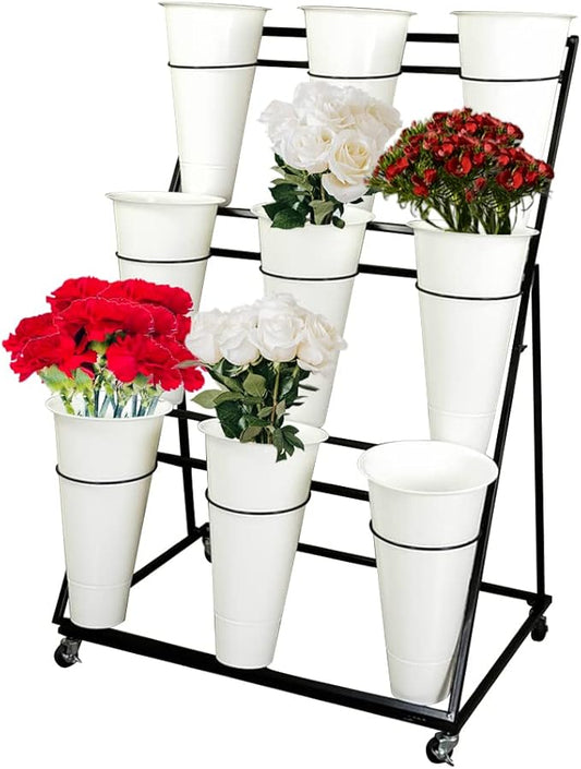Decorative Flower Display Stand with Buckets for Cut Flowers, Heavy Duty Rolling Plant Stand on Wheels, Indoor Outdoor Flower Cart Ladder Shelf for Florist, Garden, Patio (3 Tier 9 White Bucket)