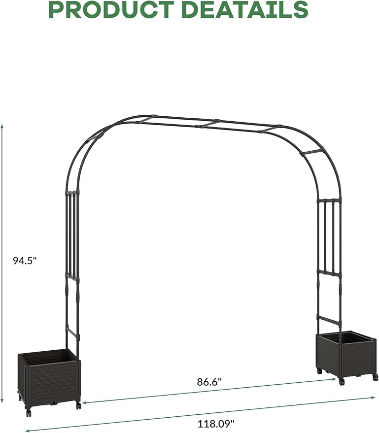 94.5 Inch Garden Arch Trellis with 2 Planter Boxes for Climbing Plants, PE Coated Metal Wedding Arch Arbor with Planter Box for Outdoor Decor, Party Backdrop & Flower Support