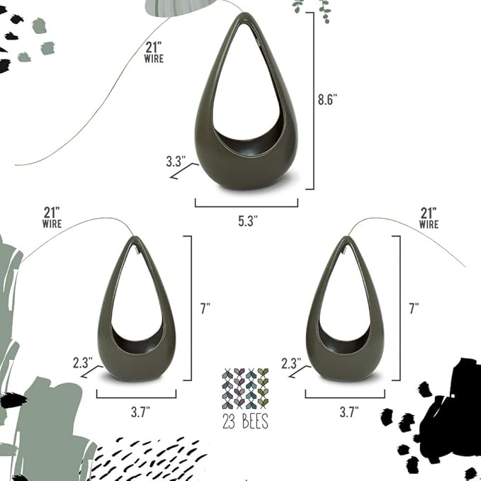 23 Bees, Hanging Air Plant Holder, Gray Hanger Ceramic Planter, Small Floating Succulent Pots Container, Cactus Holders with Metal Wire, 3 Pack