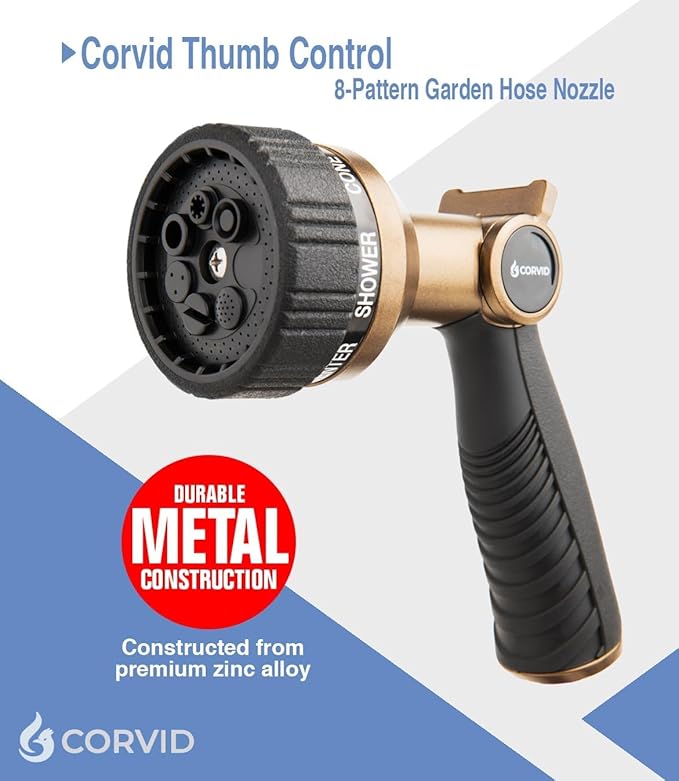 2-Pack Corvid Thumb Control 8-Pattern Garden Hose Nozzle, High-Pressure Adjustable Spray with Ergonomic Soft-Grip Handle and Durable Metal Construction, Ideal for Lawn & Garden, Car Washing