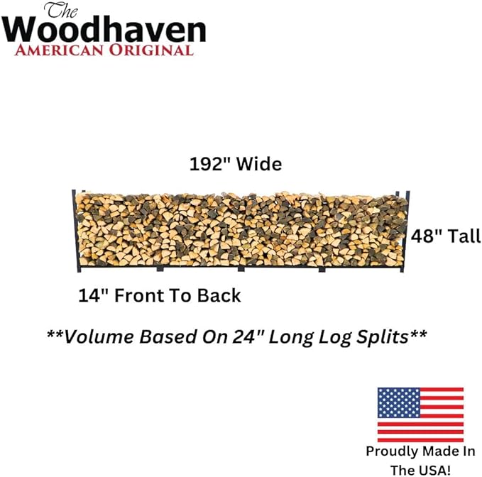 Woodhaven 16 Foot Black Large Outdoor Firewood Rack With Optional Seasoning Cover - 1 Cord Fire Log Holder - Powder Coated Steel Firewood Holder - Made In USA (No Cover)