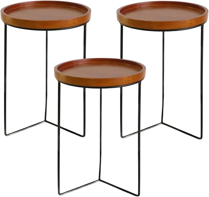 Indoor Metal Plant Stands with Wooden Tops, Holds Pots up to 12" Diameter, 120 lb Capacity Each - 9" Wood Top Plant Stand - 3-Pack