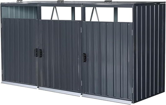 Garbage Bin Storage Shed for 3 Trash Cans Outdoor Metal Enclosure Charcoal Galvanized Steel Garbage Can Holder Concealer Hide Utility Bin Shelter Garden Yard Lawn