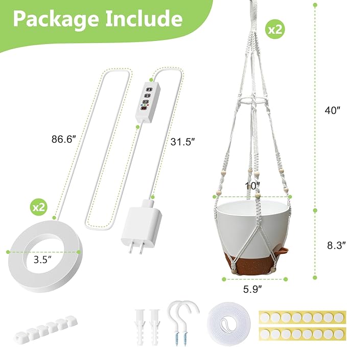 Hanging Planters for Indoor Plants: 2 Pack Macrame Plant Hangers with Grow Lights and Self-Watering Pots, 10 Inch Large Hanging Pots with Drainage Holes & Removable Tray