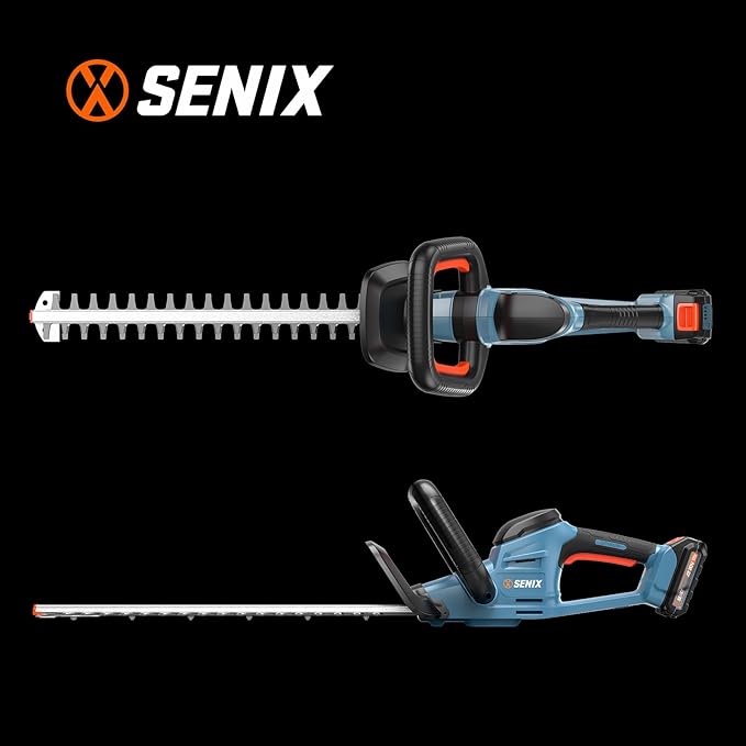 SENIX X2 20 Volt Max* 21-Inch Battery Powered Cordless Hedge Trimmer, Brushless Motor, Double-Sided Dual Action Blades, 3/4" Cutting Capacity, Includes Blade Cover, 2.5 Ah Battery & Charger (HTX2-M)