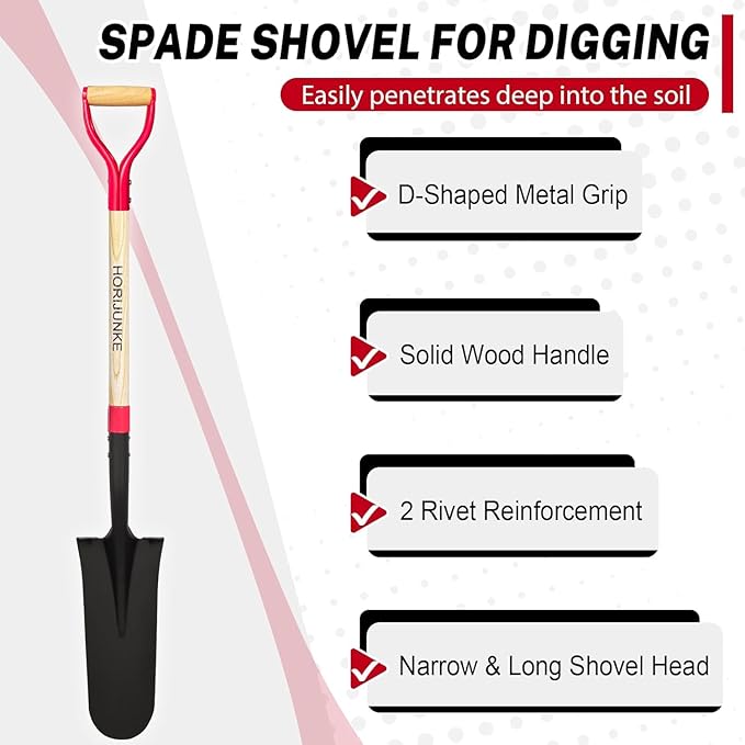 Drain Spade Shovel, Garden Drain Spade, Trenching Shovel, Woode D-Handle, Steel Y-Grip, 45 Inch Spade for Digging Transplanting & Edging (Red)