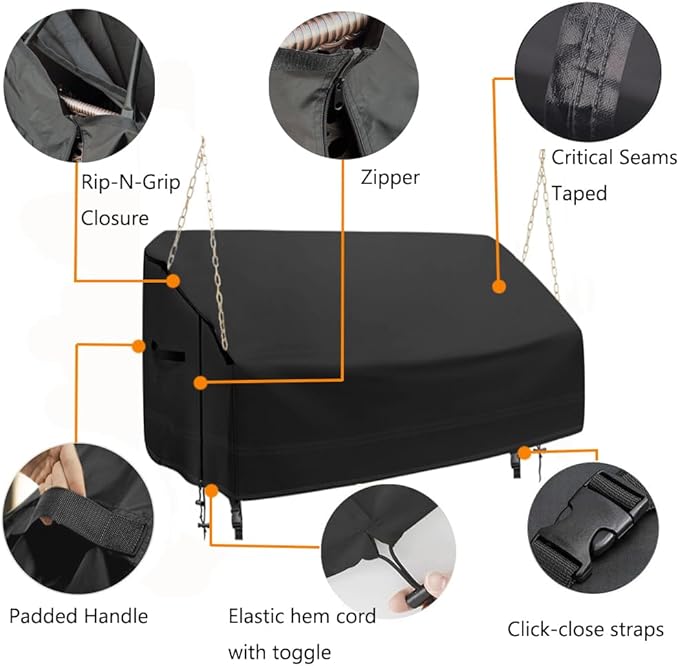Porch Swing Cover 56 Inch Waterproof 600D Oxford Hanging Outdoor Swing Cover All Weather Protected Swing Covers for Outdoor Furniture (Black, 56x28x(32-24) Inch)