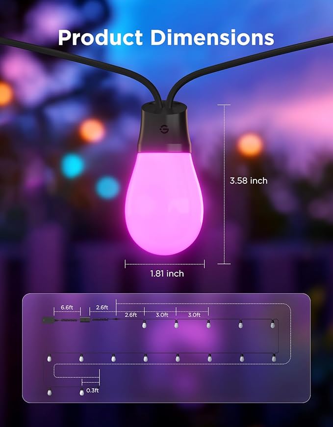 Govee S14 Bulb Outdoor String Lights 2, 48ft Smart RGBIC Warm White Patio Lights with 15 LED Bulbs, 111 Scene Modes for Outdoor Decor, Works with Alexa, Google, Matter, APP Control, IP66 Waterproof