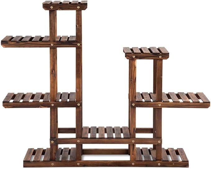 Giantex Flower Rack Wood Plant Stand 7 Wood Shelves 13 Pots Bonsai Display Shelf Indoor Outdoor Yard Garden Patio Balcony Living Room Multifunctional Storage Rack Bookshelf W/Hollow-Out Rack