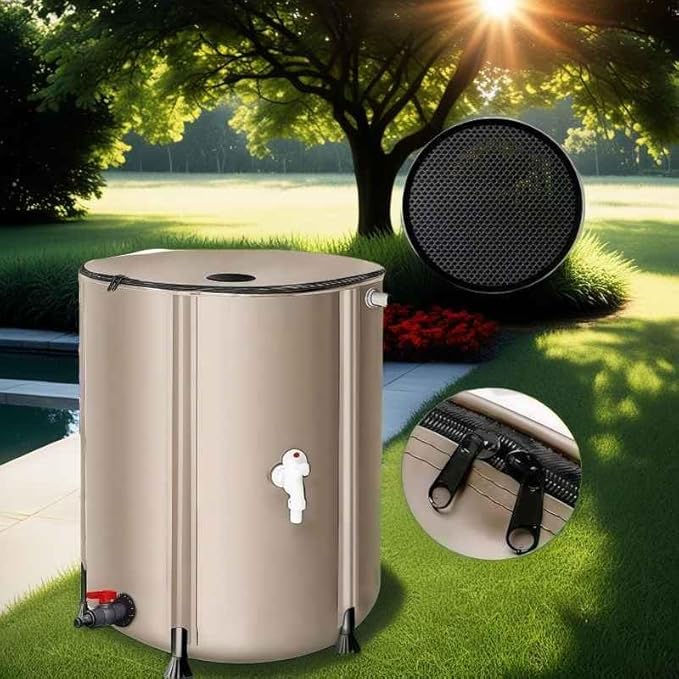 250L/66 Gallons Suaito Outdoor Collapsible Rain Barrel with Mesh Cover, Beige,Water Storage Tank rainwater Collection System Weather-Resistant Garden Portable Water Tank with Spigots & Overflow Kit