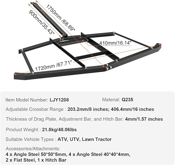 Driveway Drag, 66" Width Drag Harrow with Adjustable Bars & Pin Hitch, Support Up to 50 Lbs, Heavy Duty Steel Tow Behind Drags Harrow for Most ATVs, UTVs, Driveway Graders, Garden Lawn Tractors