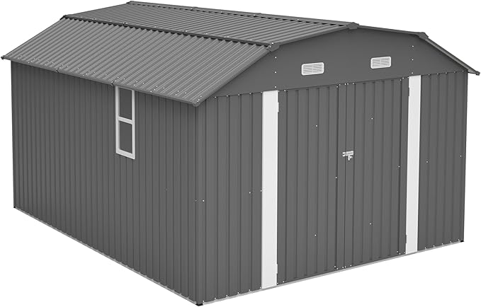 10×12 FT Outdoor Storage Shed,Heavy-Duty Metal Shed with Floor Base,All Weather Waterproof Tool Shed W/Diamond Roof & Windows,Lockable Double Door & 4 Air Vents,for Backyard,Patio,Lawn,Gray