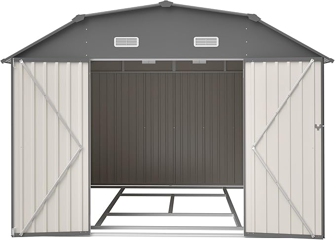 10×12 FT Outdoor Storage Shed,Heavy-Duty Metal Shed with Floor Base,All Weather Waterproof Tool Shed W/Diamond Roof & Windows,Lockable Double Door & 4 Air Vents,for Backyard,Patio,Lawn,Gray