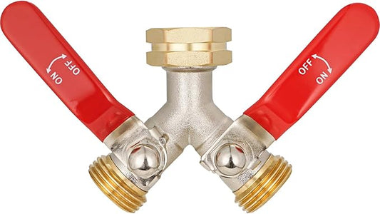 Hose Splitter 2 Way, High Flow Garden Hose Splitter, 3/4” Ght Inlet Brass Heavy Duty Hose Converter, Full Flow water 2 Way Faucet hose splitter, Long Handle Hose Valve Large Outlet.